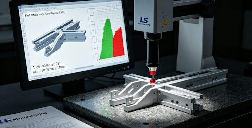 CMM coordinate measuring machine inspecting bent metal part with digital readout showing micron-level accuracy 