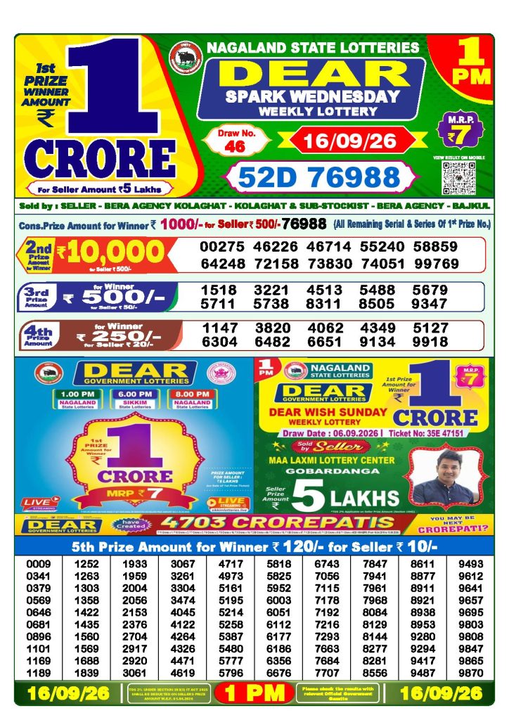 Dear Lottery Result Today 1 PM - 16/09/2026