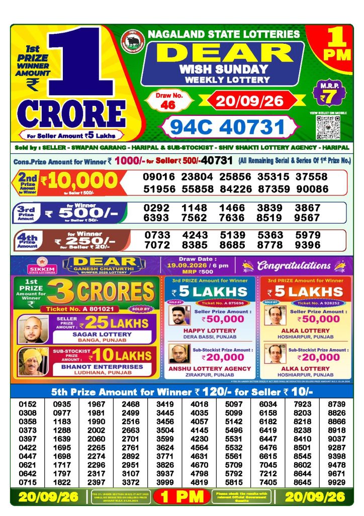 Dear Lottery Result Today 1 PM - 20/09/2026