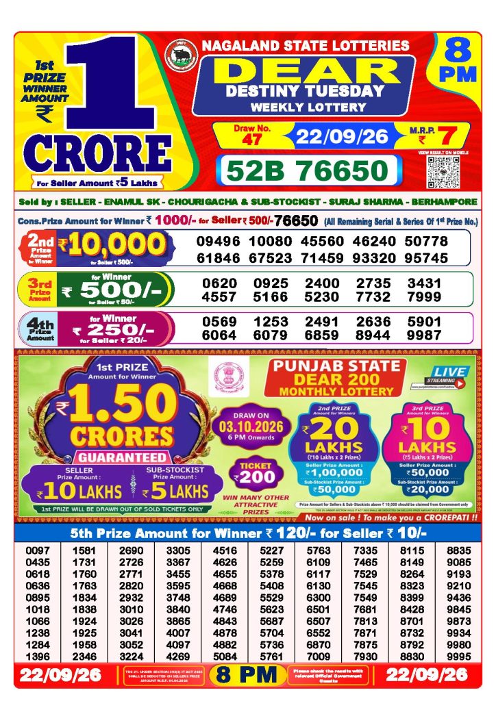 Dear Lottery Result Today 8 PM - 22/09/2026