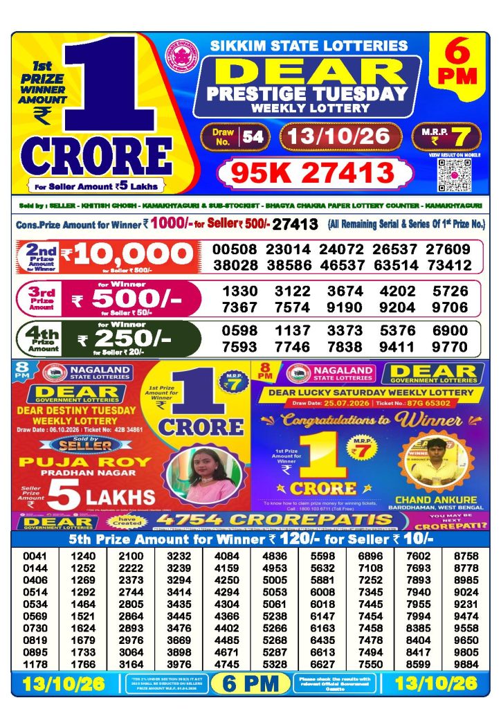Dear Lottery Result Today 6 PM - 13/10/2026
