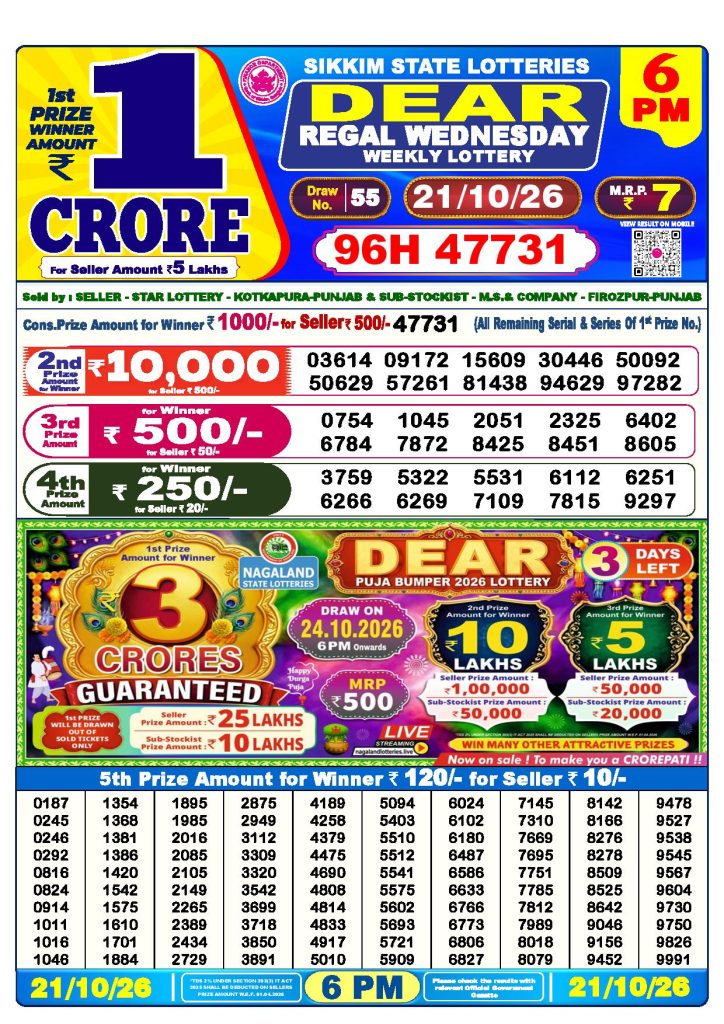 Dear Lottery Result Today 6 PM - 21/10/2026