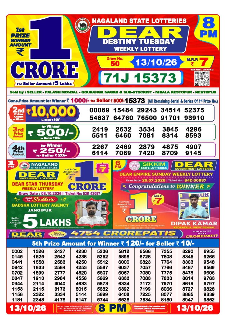 Dear Lottery Result Today 8 PM - 13/10/2026